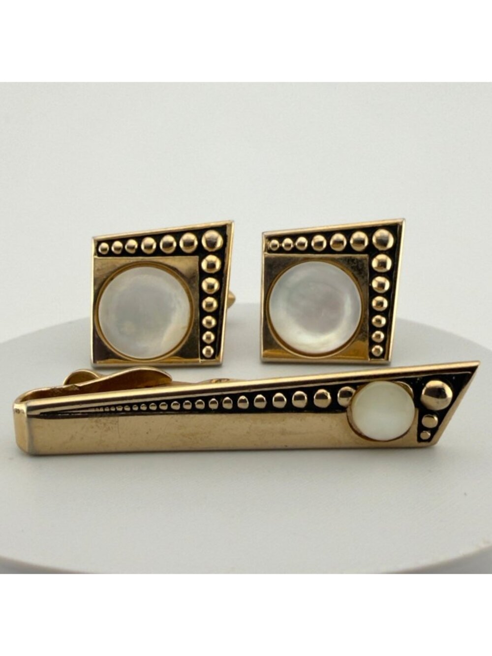 Vintage Art Deco Style Cufflinks Tie Bar Set Mother of Pearl Black Enamel